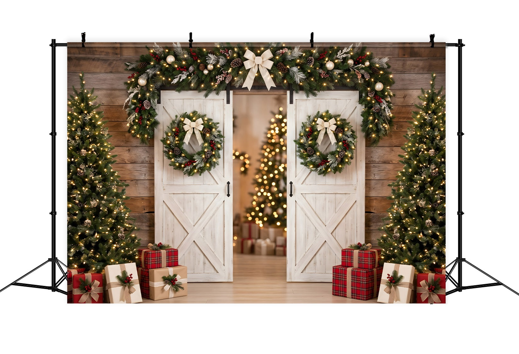 Christmas Backdrop Photo White Barn Door Wreath Trees Professional Christmas Backdrops UK CEM65-129
