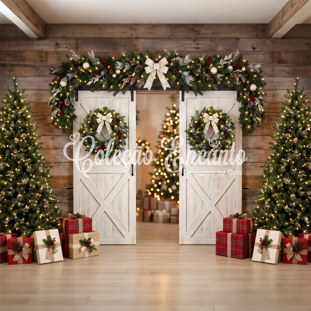 Christmas Backdrop Photo White Barn Door Wreath Trees Professional Christmas Backdrops UK CEM65-129