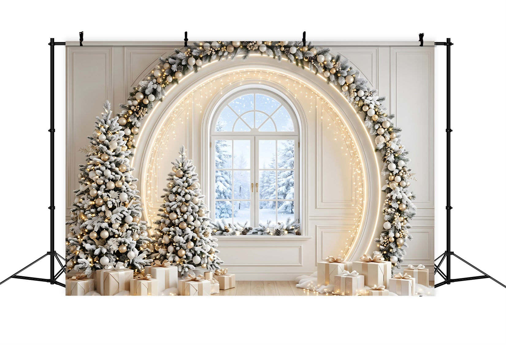 Christmas Tree Backdrops Ivory Gold Window Arch Trees Christmas Photo Backdrop Ideas UK CEM65-133