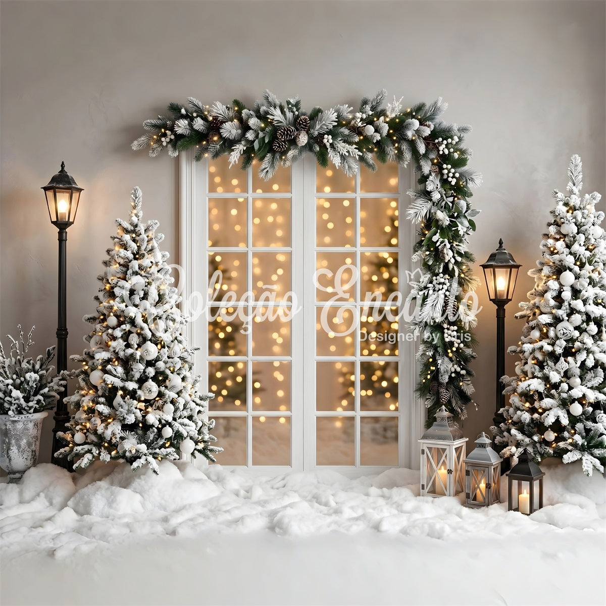 Christmas Lights Photo Backdrop Snowy Window Garland Lantern Trees Christmas Backdrops UK CEM65-137