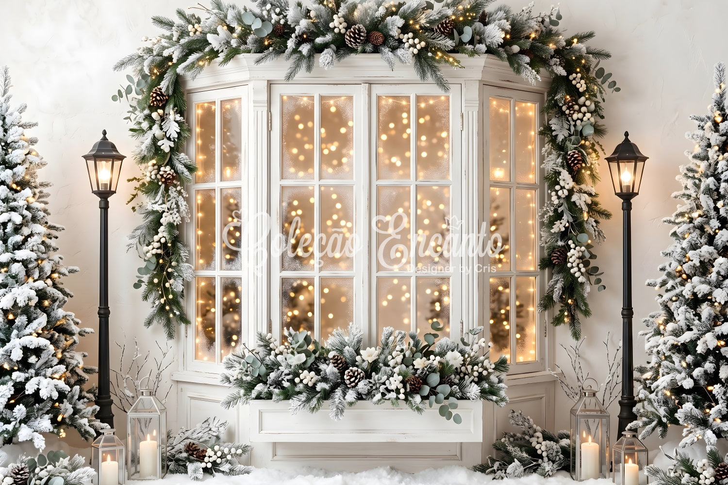 Christmas Backdrops For Pictures Frosted Bay Window Pine Lanterns Christmas Backdrop UK CEM65-138