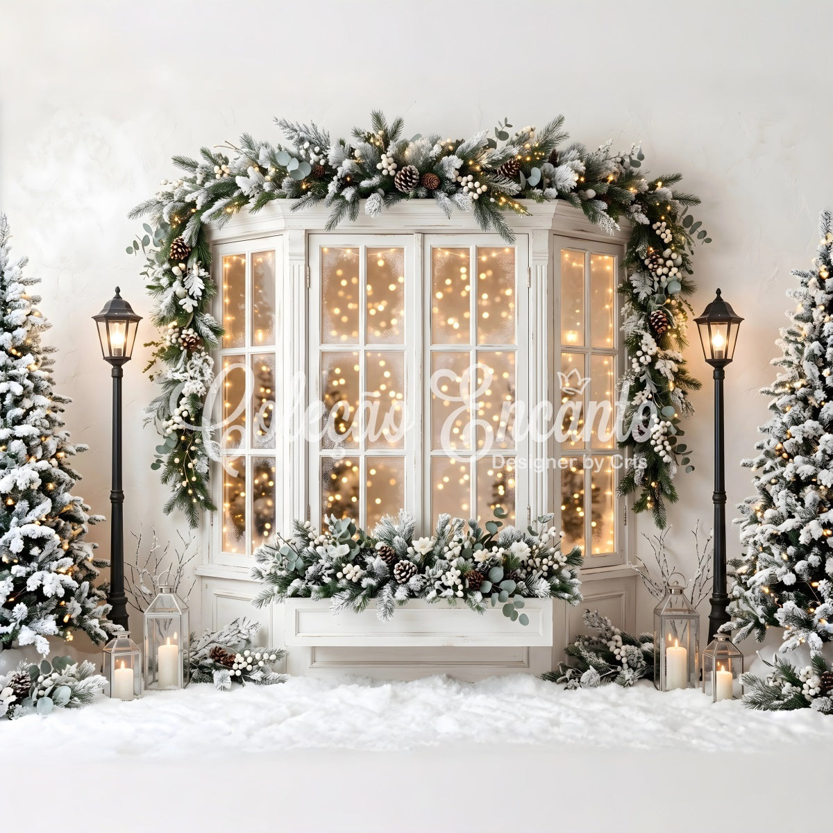 Christmas Backdrops For Pictures Frosted Bay Window Pine Lanterns Christmas Backdrop UK CEM65-138