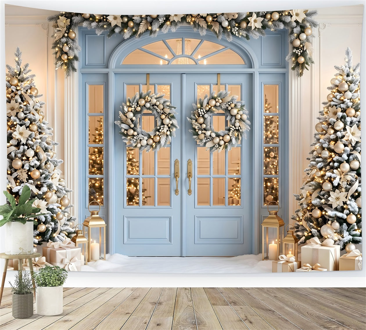 Christmas Photo Backdrop Blue Door Golden Frosted Trees Photography Christmas Backdrops UK CEM65-139