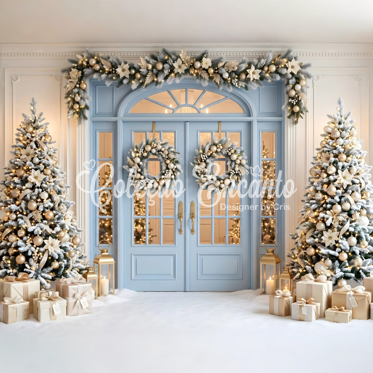 Christmas Photo Backdrop Blue Door Golden Frosted Trees Photography Christmas Backdrops UK CEM65-139