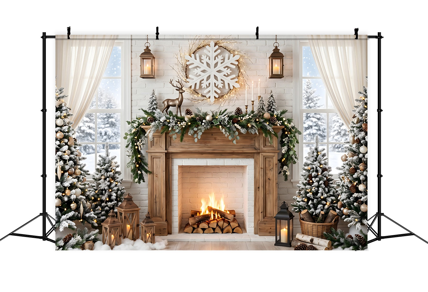 Christmas Backdrop Snowflake Deer Fireplace Pine Trees Christmas Photoshoot Backdrop UK CEM65-140