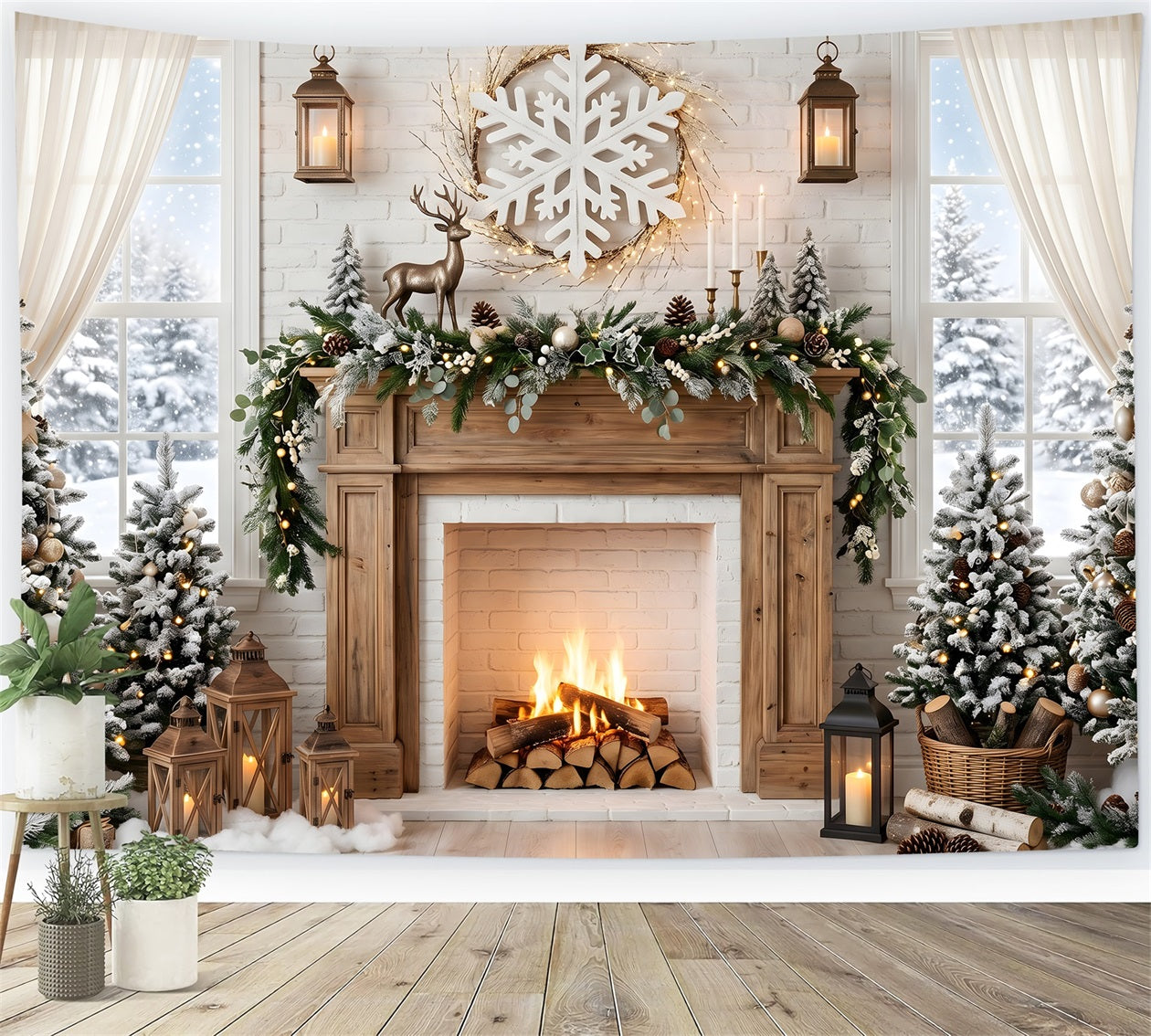 Christmas Backdrop Snowflake Deer Fireplace Pine Trees Christmas Photoshoot Backdrop UK CEM65-140
