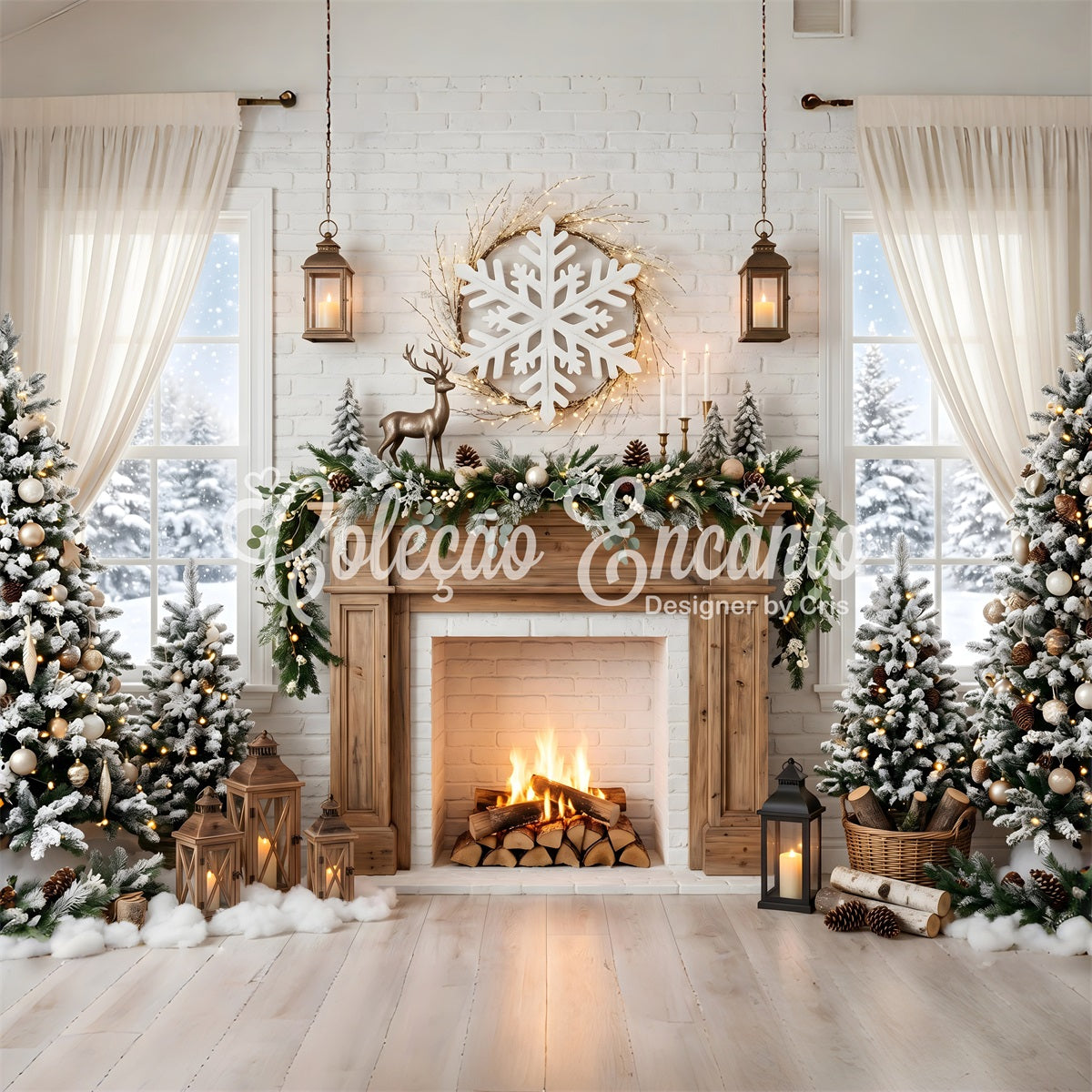 Christmas Backdrop Snowflake Deer Fireplace Pine Trees Christmas Photoshoot Backdrop UK CEM65-140