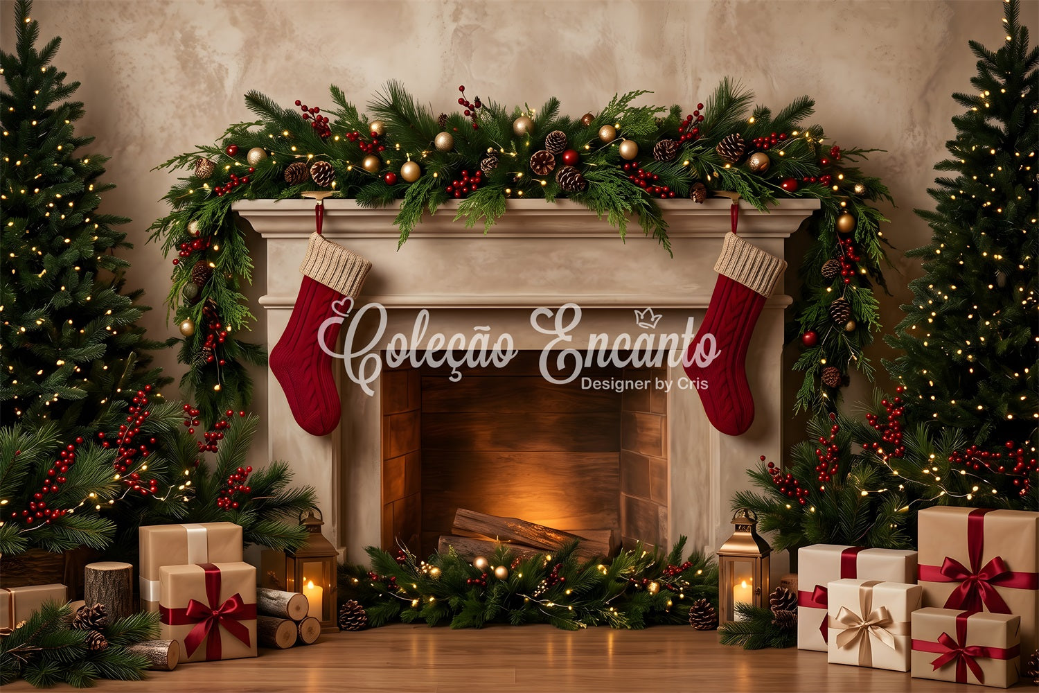 Christmas Fireplace Backdrop Cozy Stockings Garland Gifts Christmas Backdrop For Pictures UK CEM65-141
