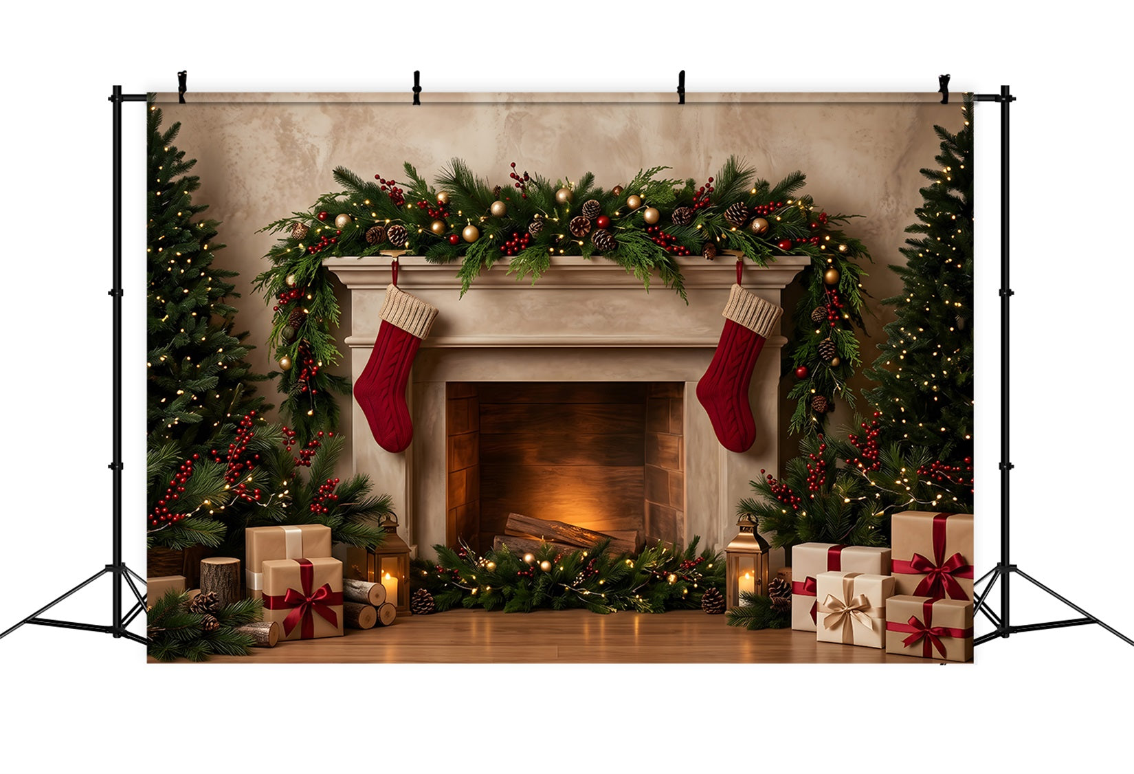 Christmas Fireplace Backdrop Cozy Stockings Garland Gifts Christmas Backdrop For Pictures UK CEM65-141