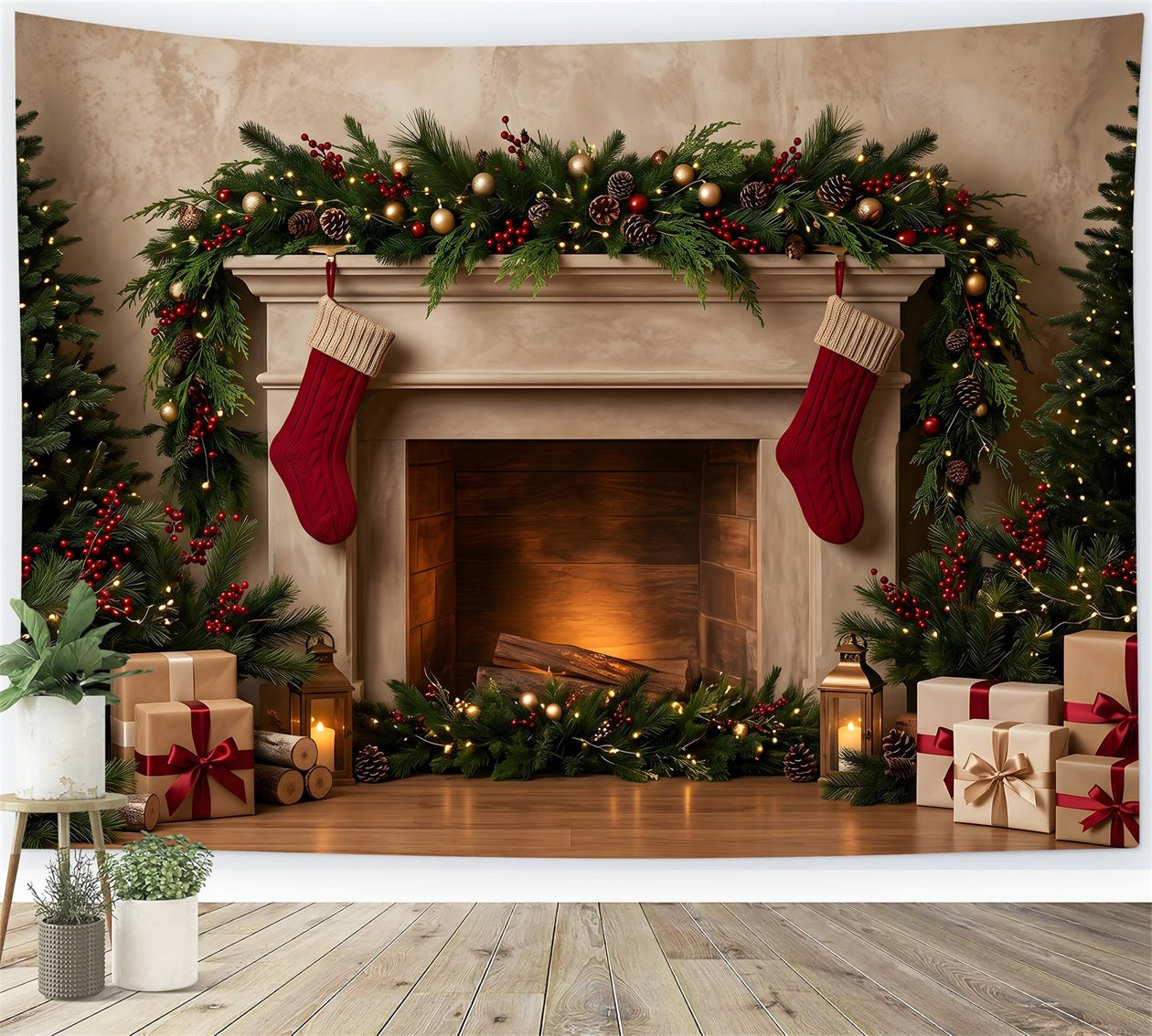 Christmas Fireplace Backdrop Cozy Stockings Garland Gifts Christmas Backdrop For Pictures UK CEM65-141