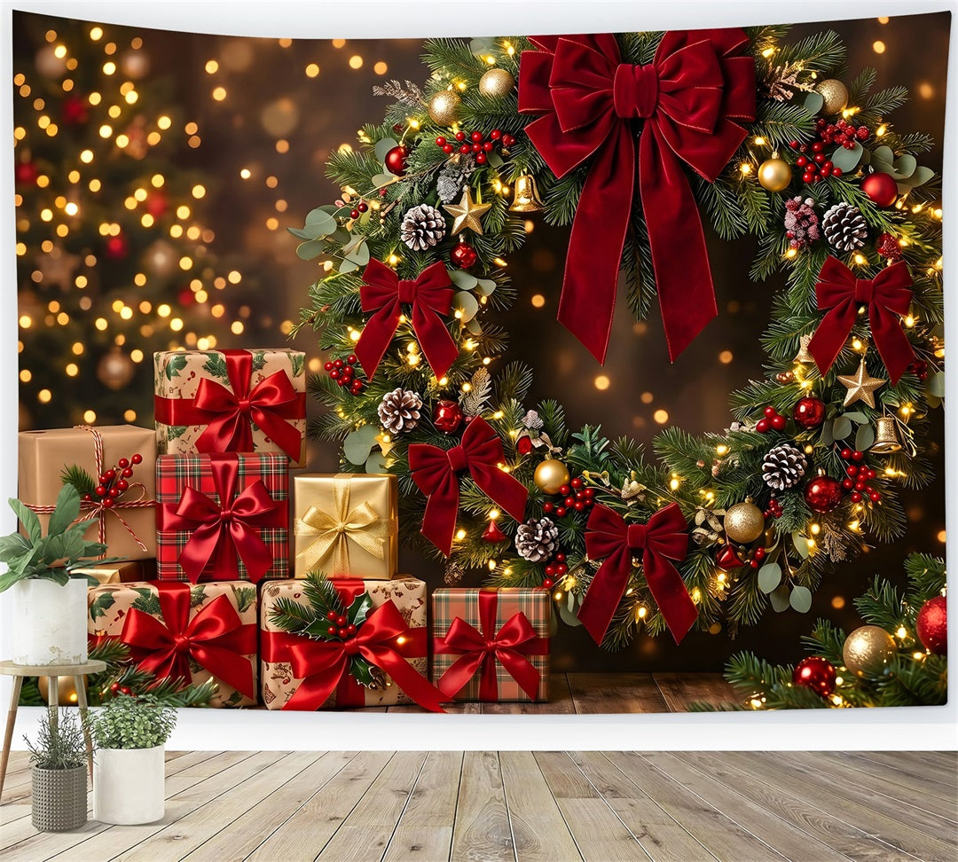Photography Christmas Backdrop Red Bow Wreath Festive Gifts Christmas Backdrops For Pictures UK CEM65-143