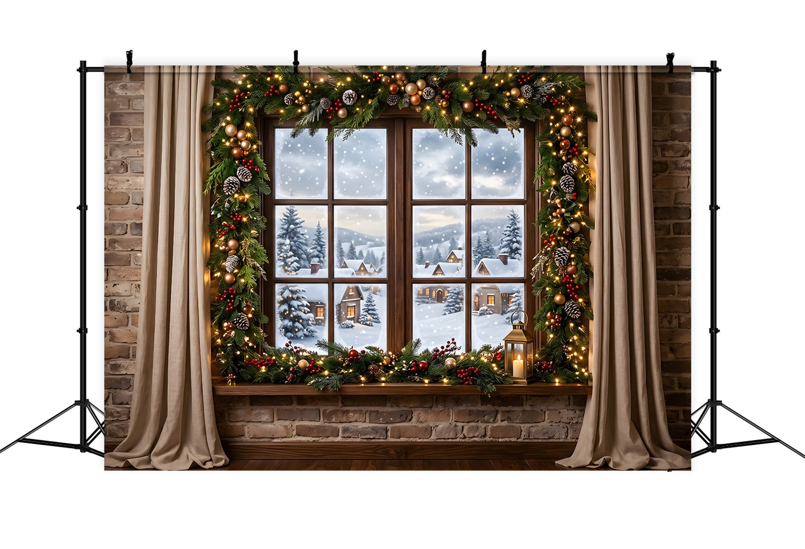 Christmas Snow Backdrop Snowy Village Window Garland Lantern Studio Backdrops Christmas Backdrop UK CEM65-144