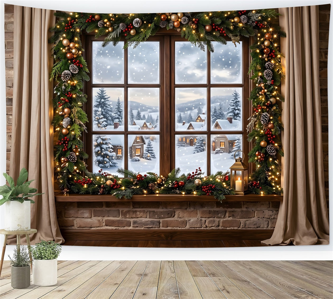 Christmas Snow Backdrop Snowy Village Window Garland Lantern Studio Backdrops Christmas Backdrop UK CEM65-144