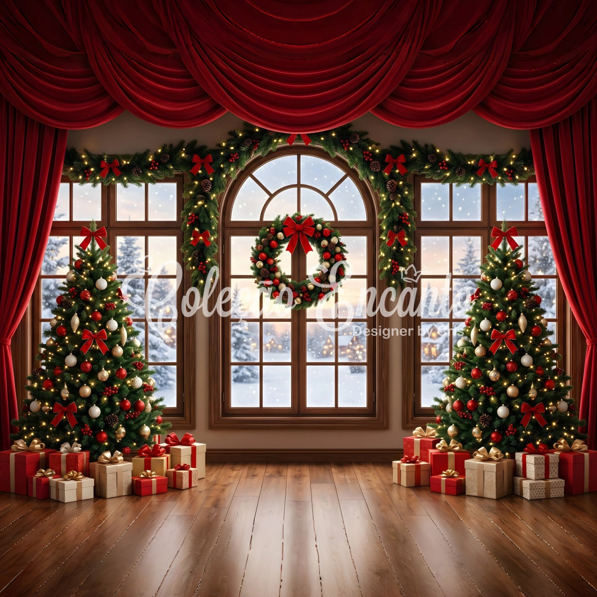 Red Christmas Backdrop Red Draped Window Wreath Trees Photography Christmas Backdrop UK CEM65-145