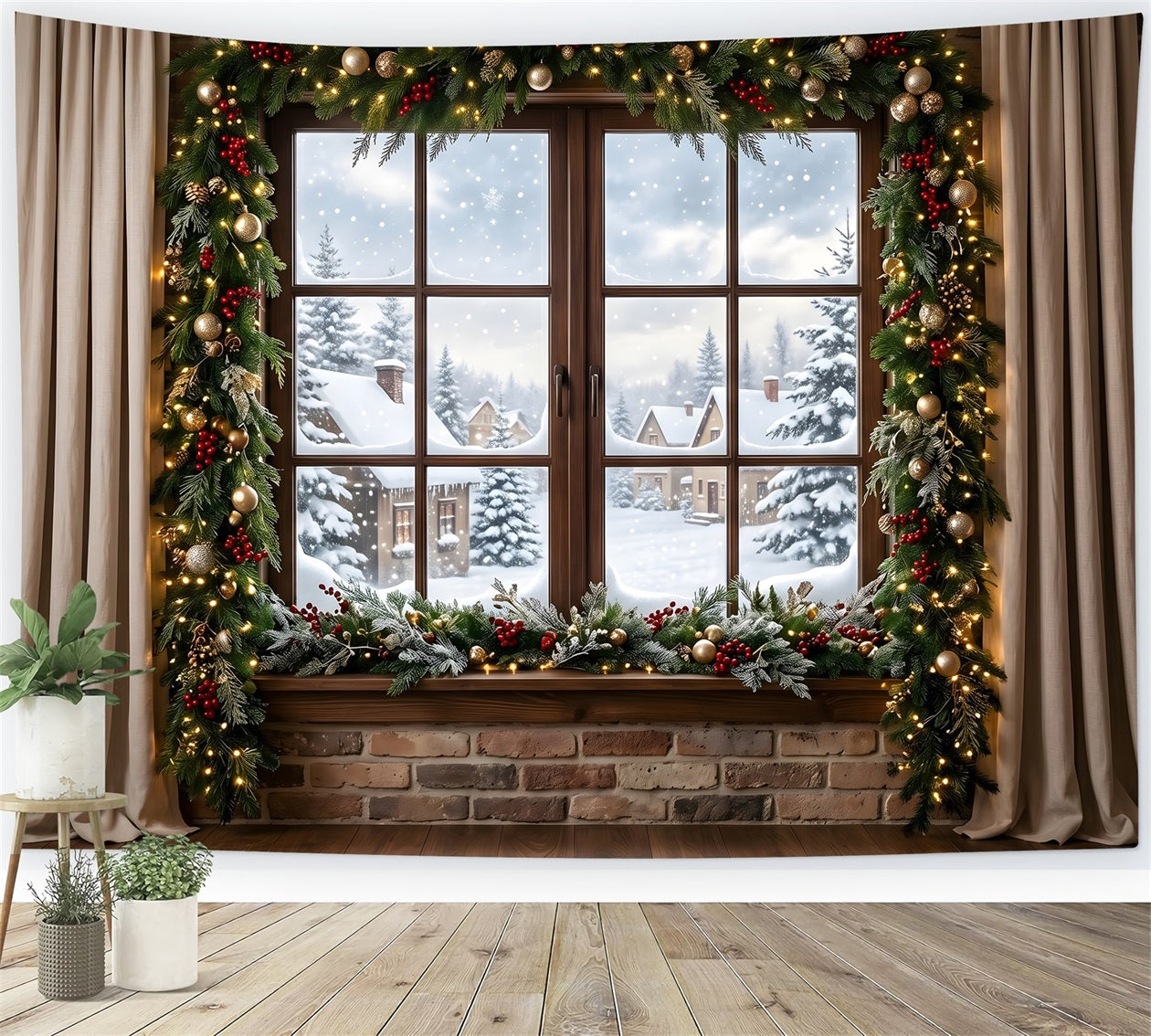 Christmas Window Backdrop Snowy Village Window Garland Curtains Christmas Photobooth Backdrop UK CEM65-146