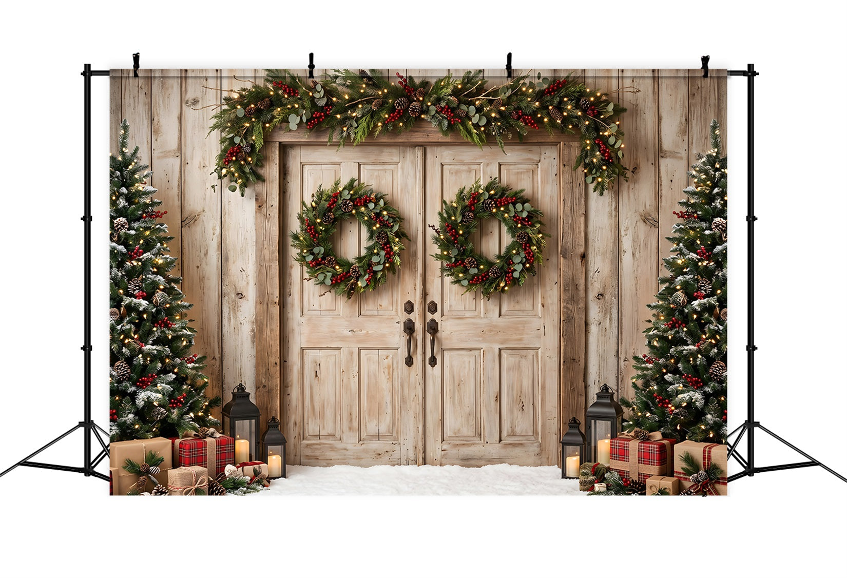 Christmas Barn Door Backdrop Weathered Wood Doors Plaid Gifts Backdrop Christmas Photo Booth UK CEM65-148