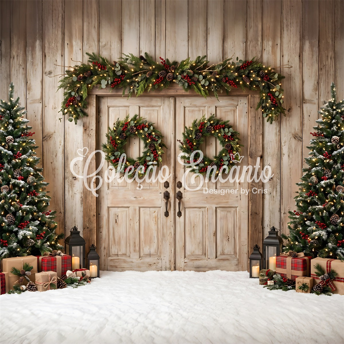 Christmas Barn Door Backdrop Weathered Wood Doors Plaid Gifts Backdrop Christmas Photo Booth UK CEM65-148