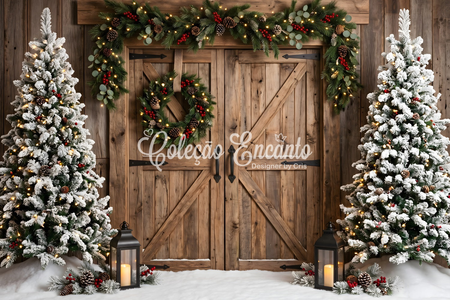 Rustic Christmas Backdrop Snowy Barn Doors Wreath Trees Christmas Studio Backdrop UK CEM65-149