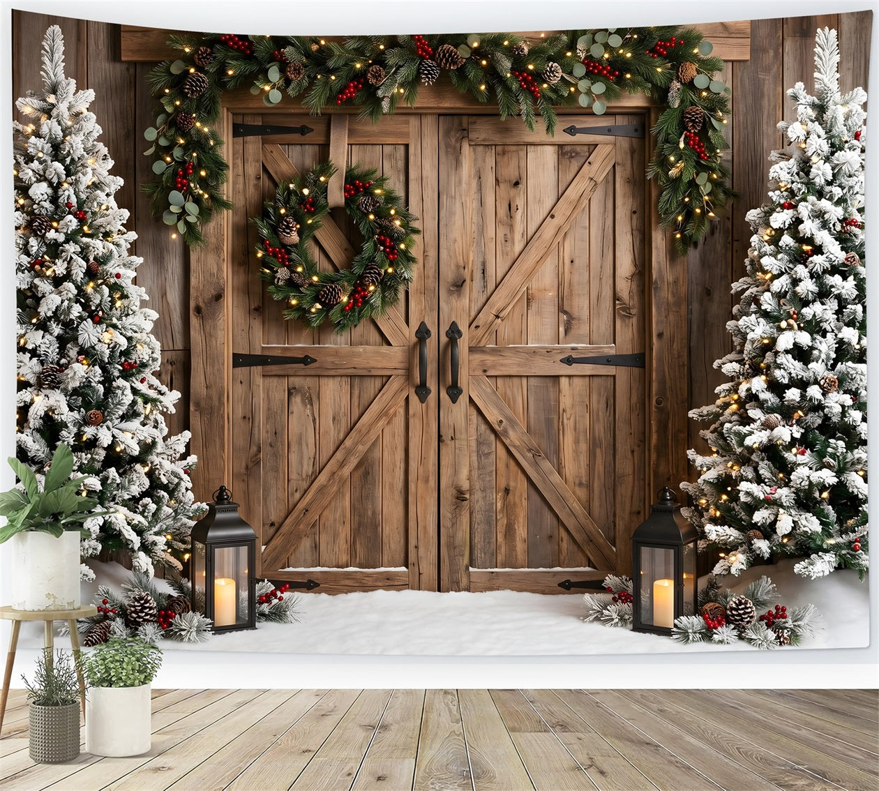 Rustic Christmas Backdrop Snowy Barn Doors Wreath Trees Christmas Studio Backdrop UK CEM65-149