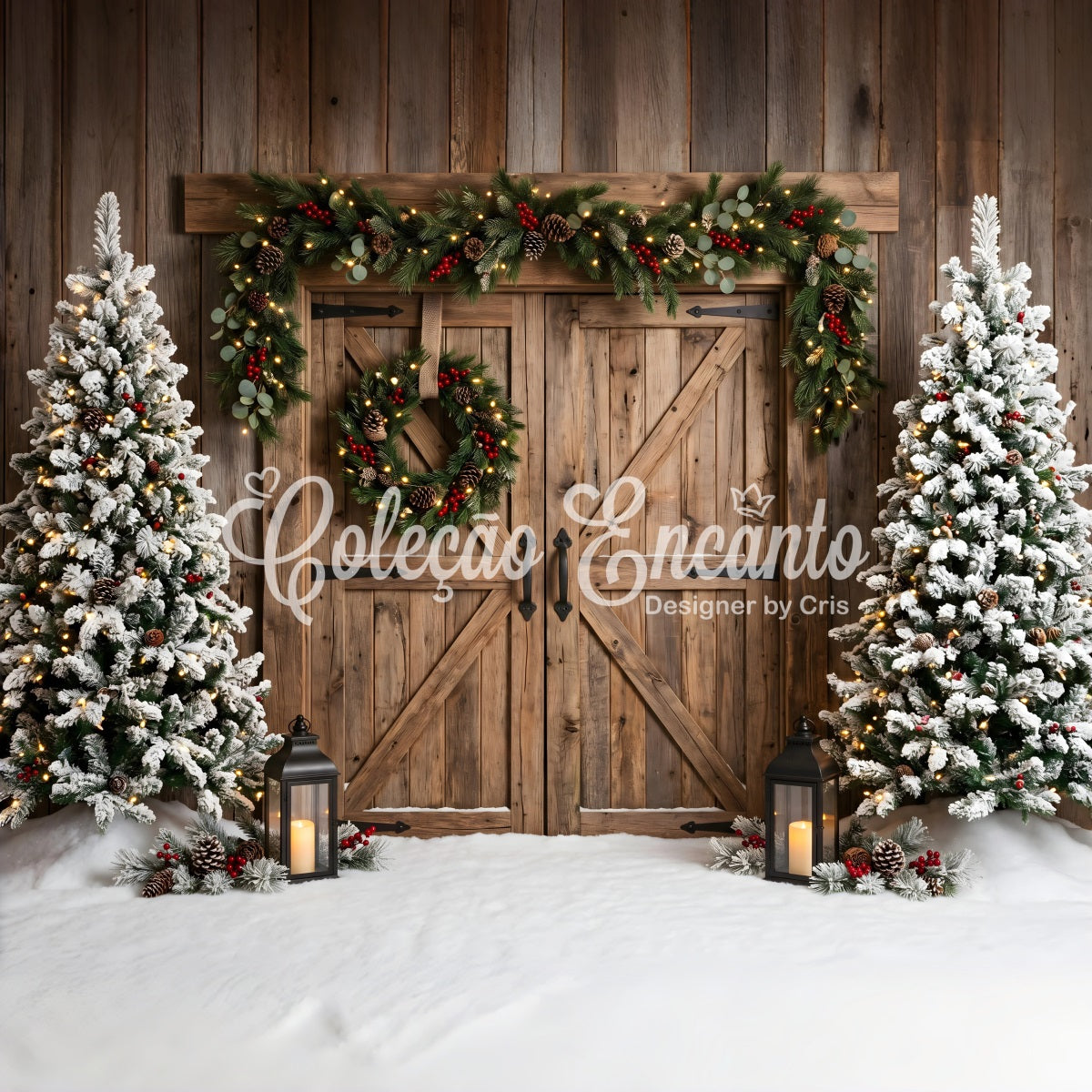 Rustic Christmas Backdrop Snowy Barn Doors Wreath Trees Christmas Studio Backdrop UK CEM65-149