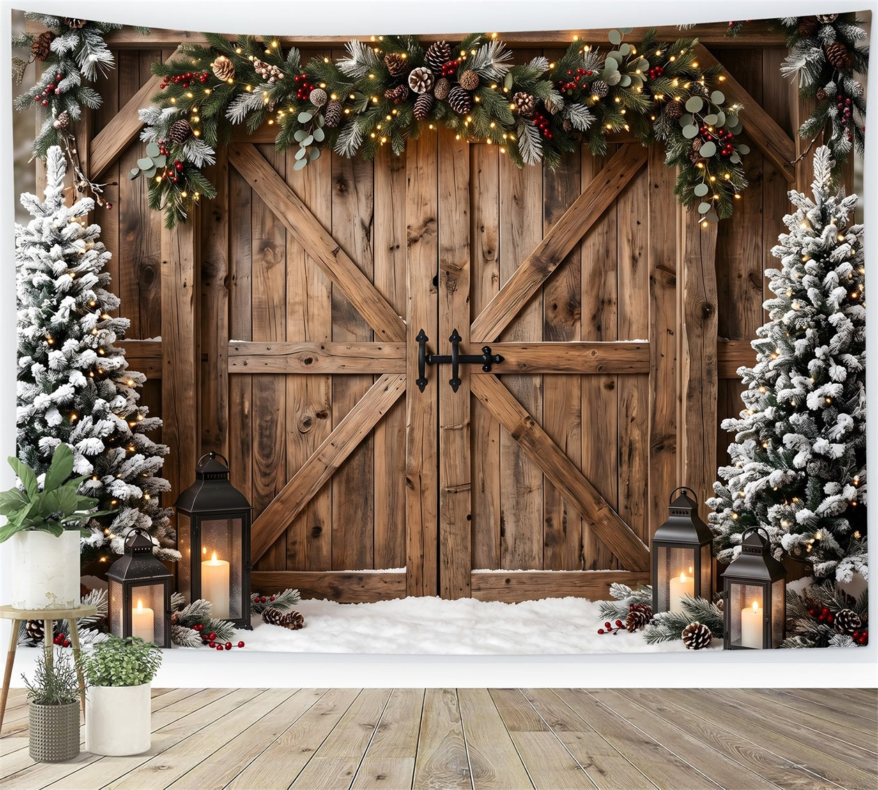 Winter Christmas Backdrop Rustic Barn Gate Garland Lanterns Christmas Backdrop Photoshoot UK CEM65-150