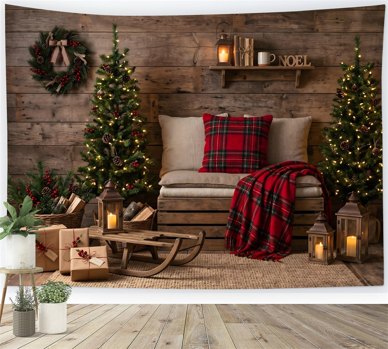 Simple Christmas Backdrop Cozy Plaid Cabin Sled Corner Best Christmas Photo Backdrops UK CEM65-151