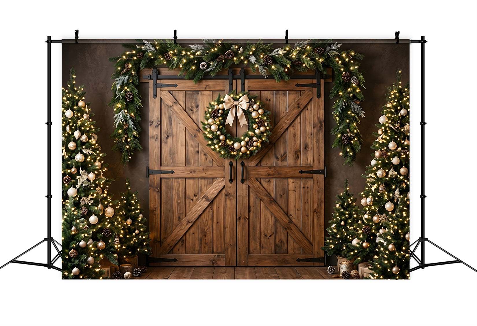 Christmas Barn Door Backdrop Golden Wreath Barn Doors Trees Photography Backdrop Christmas UK CEM65-152