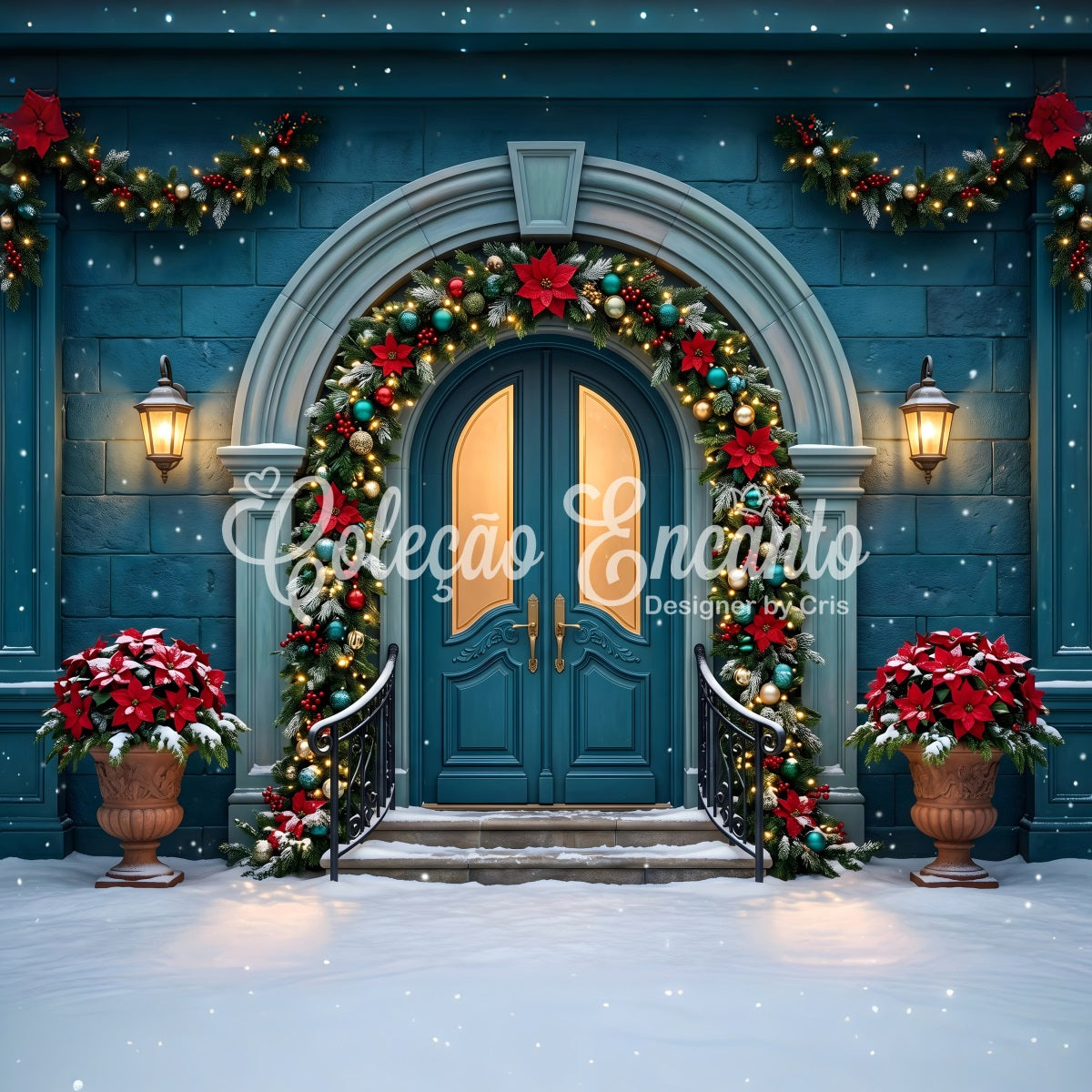Christmas Backdrop Teal Arched Door Poinsettia Garland Christmas Photo Booth Backdrops UK CEM65-153