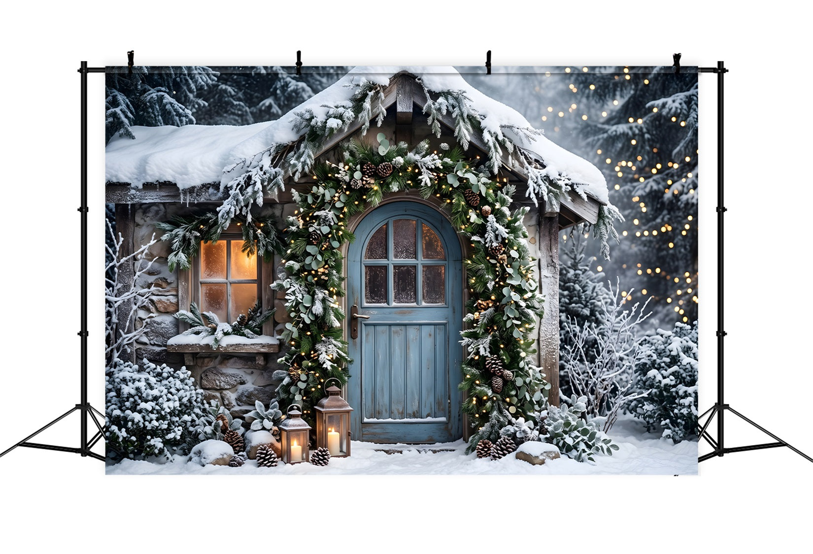 Cozy Christmas Backdrop Snowy Cottage Blue Door Garland Christmas Backdrops UK CEM65-155