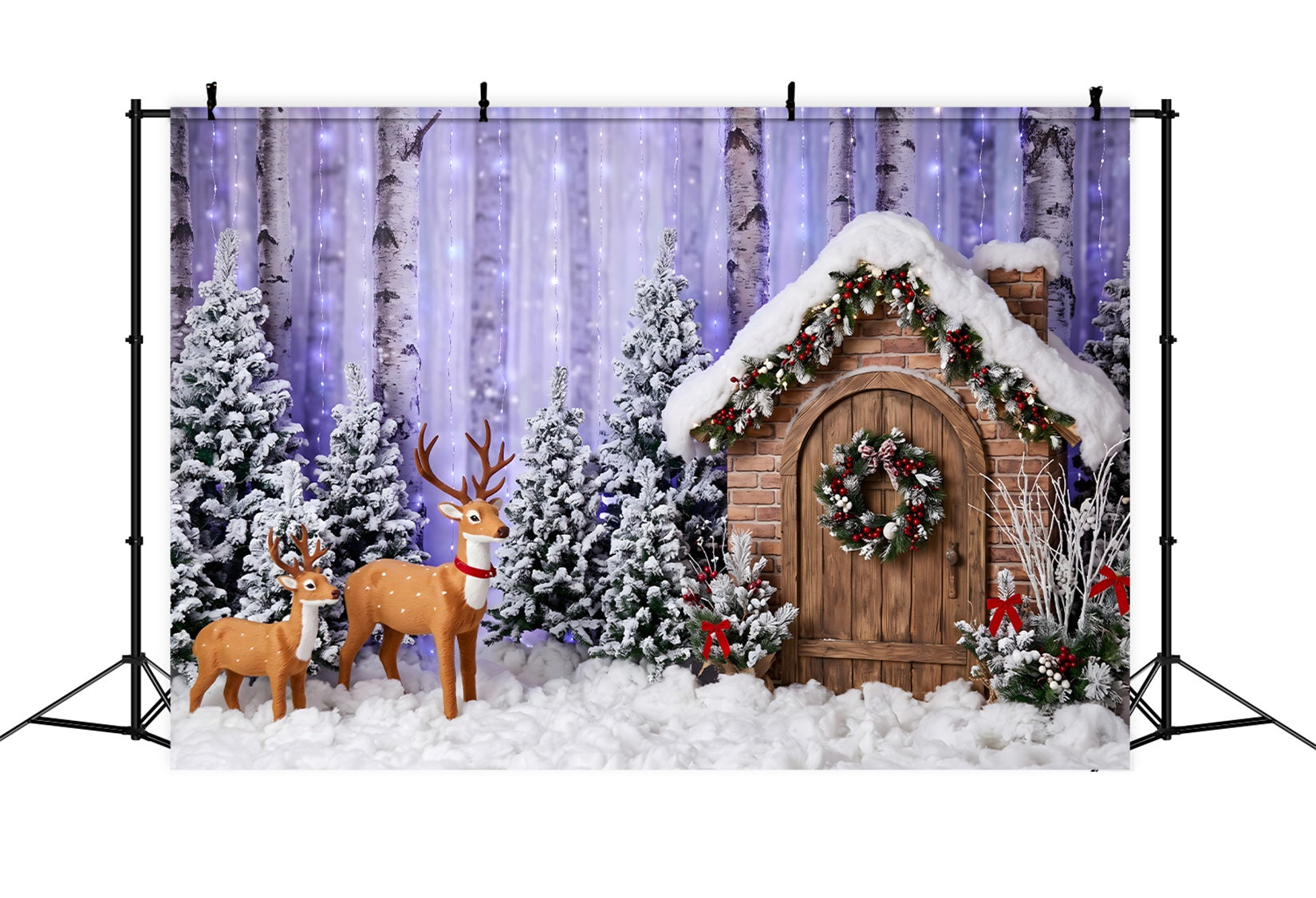Christmas Forest Backdrop Purple Birch Forest Deer Cottage Christmas Photo Backdrop UK CEM65-156