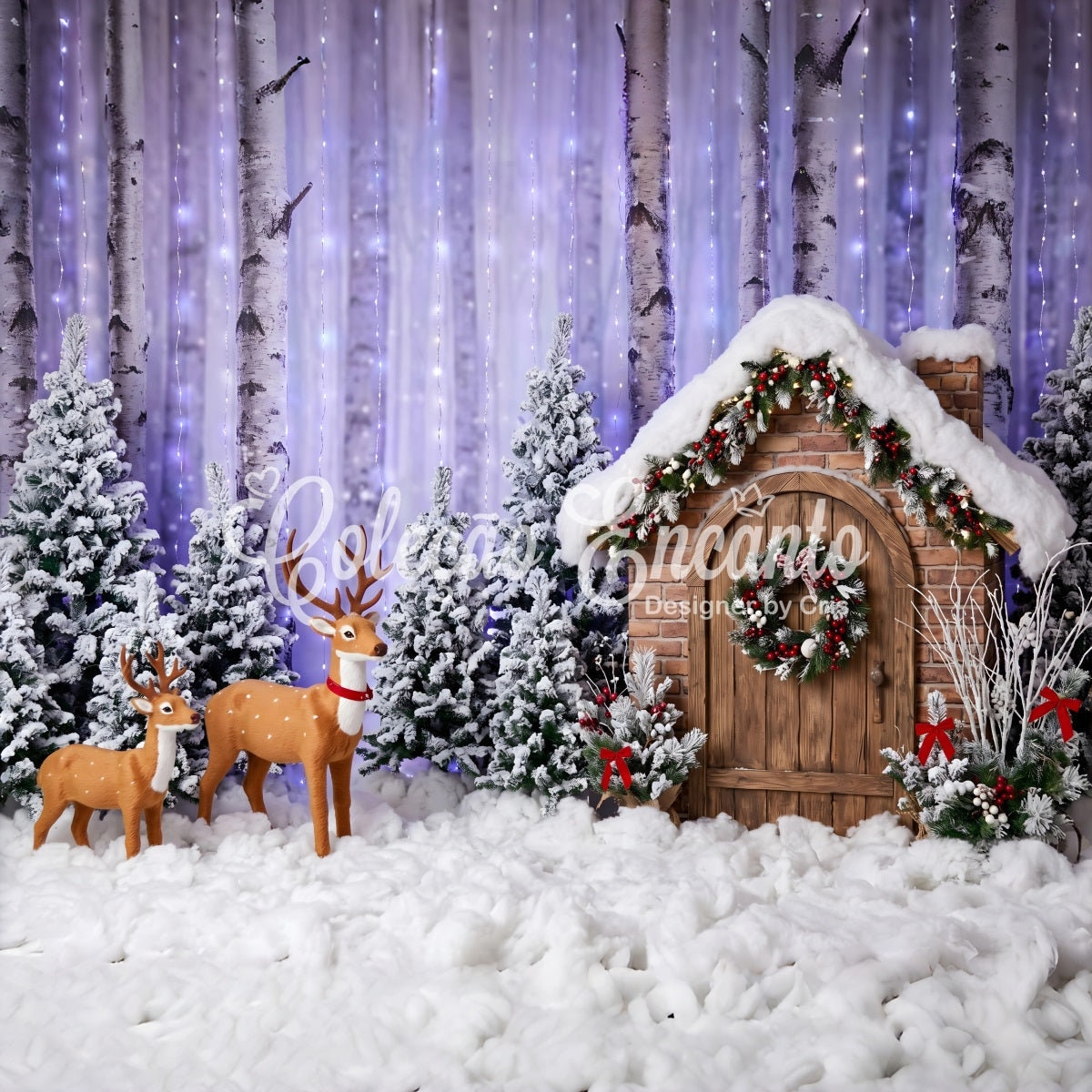 Christmas Forest Backdrop Purple Birch Forest Deer Cottage Christmas Photo Backdrop UK CEM65-156