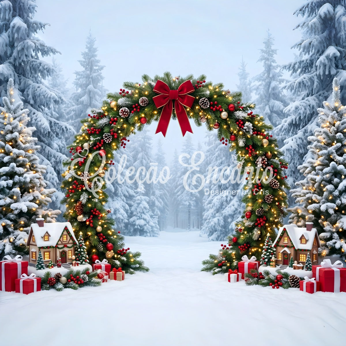 Christmas Wonderland Backdrop Snowy Evergreen Garland Cottage Arch Christmas Backdrop For Photos UK CEM65-157