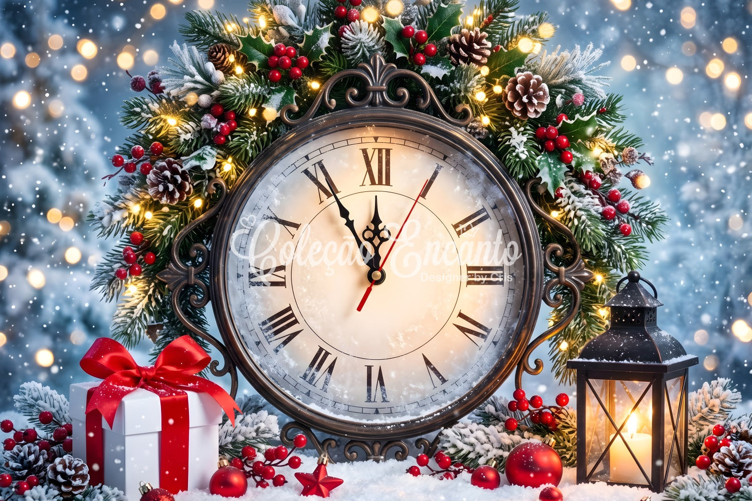Christmas Photobooth Backdrop Vintage Roman Clock Holly Lantern Christmas Photo Backdrops UK CEM65-159
