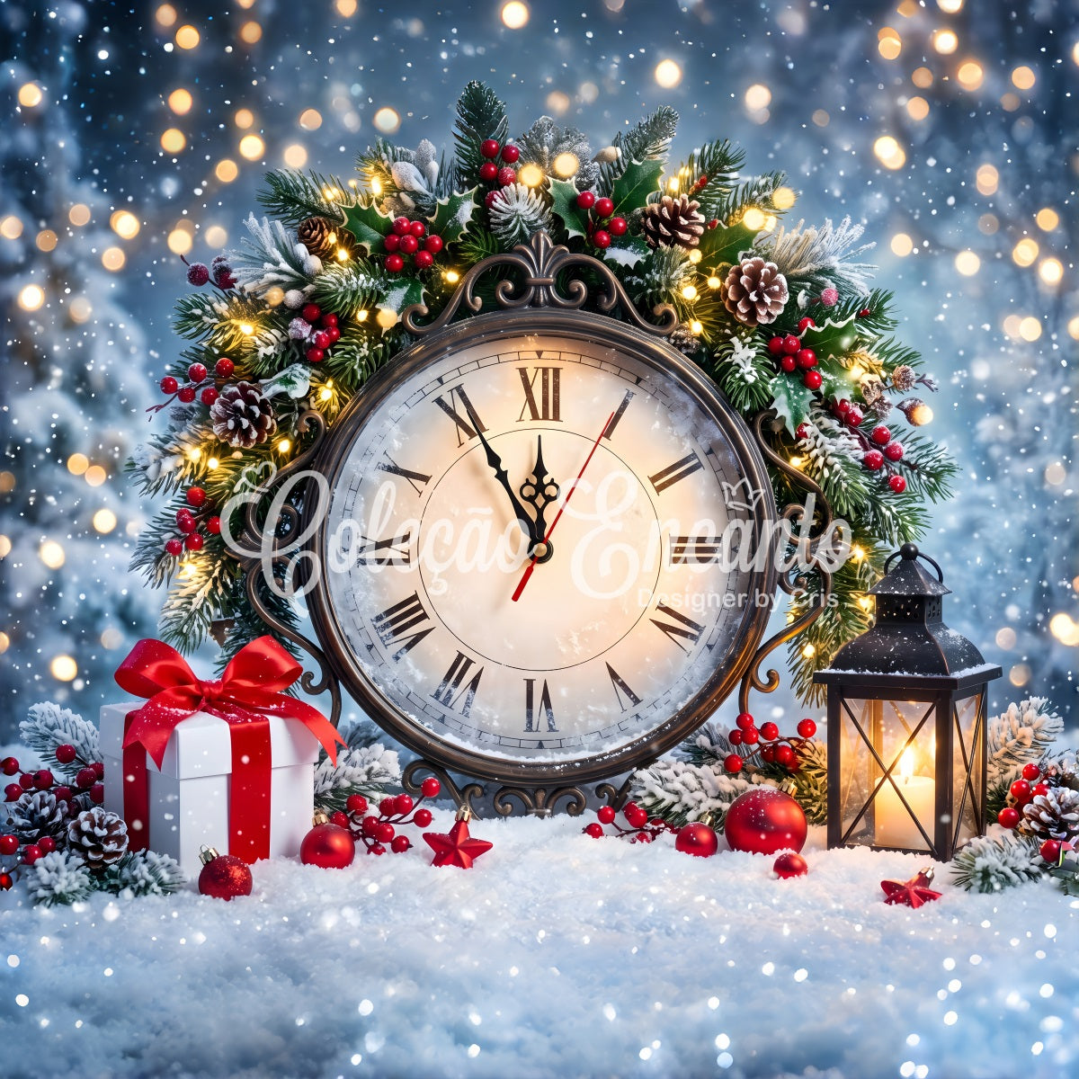 Christmas Photobooth Backdrop Vintage Roman Clock Holly Lantern Christmas Photo Backdrops UK CEM65-159