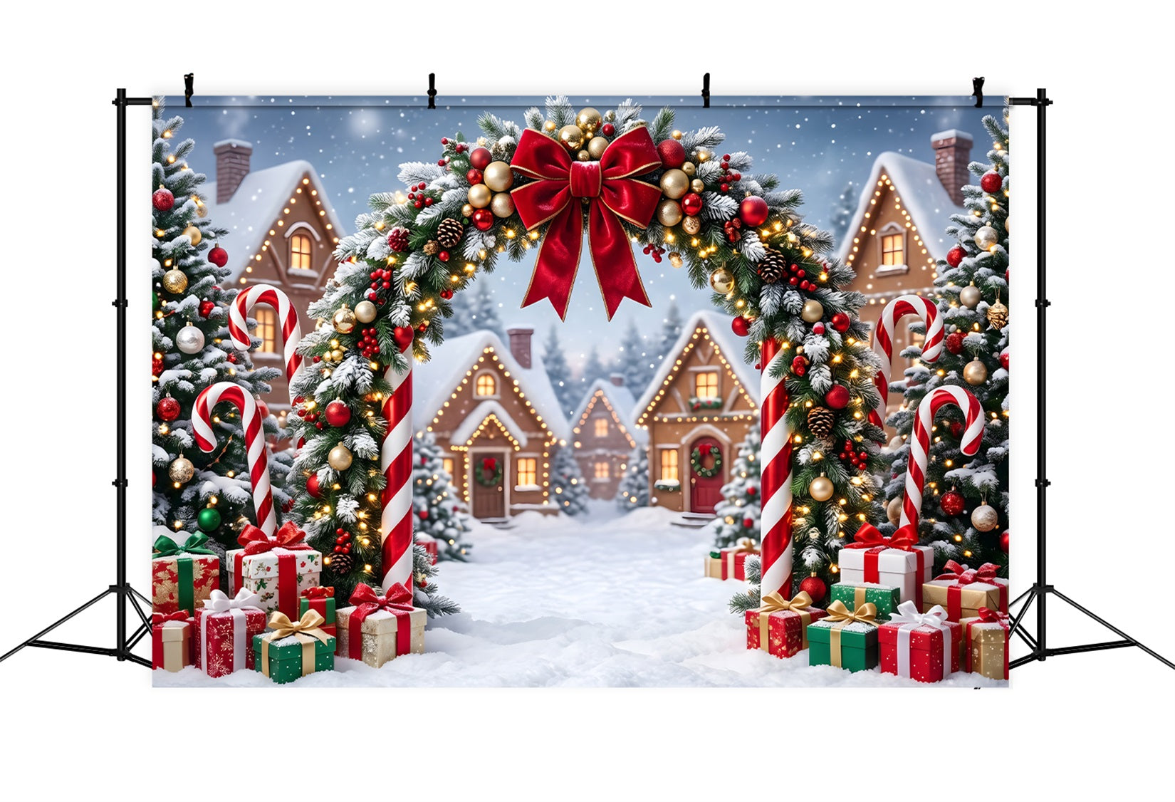 Country Christmas Backdrop Festive Candy Arch Cottage Lights Christmas Photography Backdrop UK CEM65-162