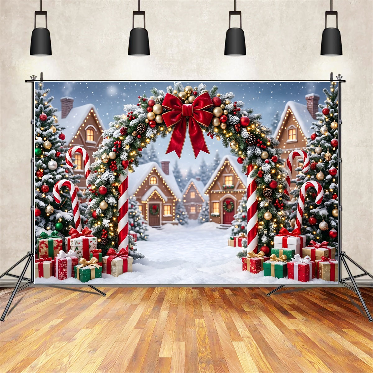 Country Christmas Backdrop Festive Candy Arch Cottage Lights Christmas Photography Backdrop UK CEM65-162