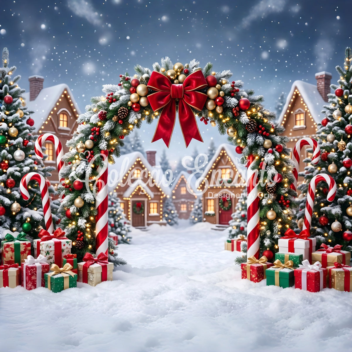 Country Christmas Backdrop Festive Candy Arch Cottage Lights Christmas Photography Backdrop UK CEM65-162