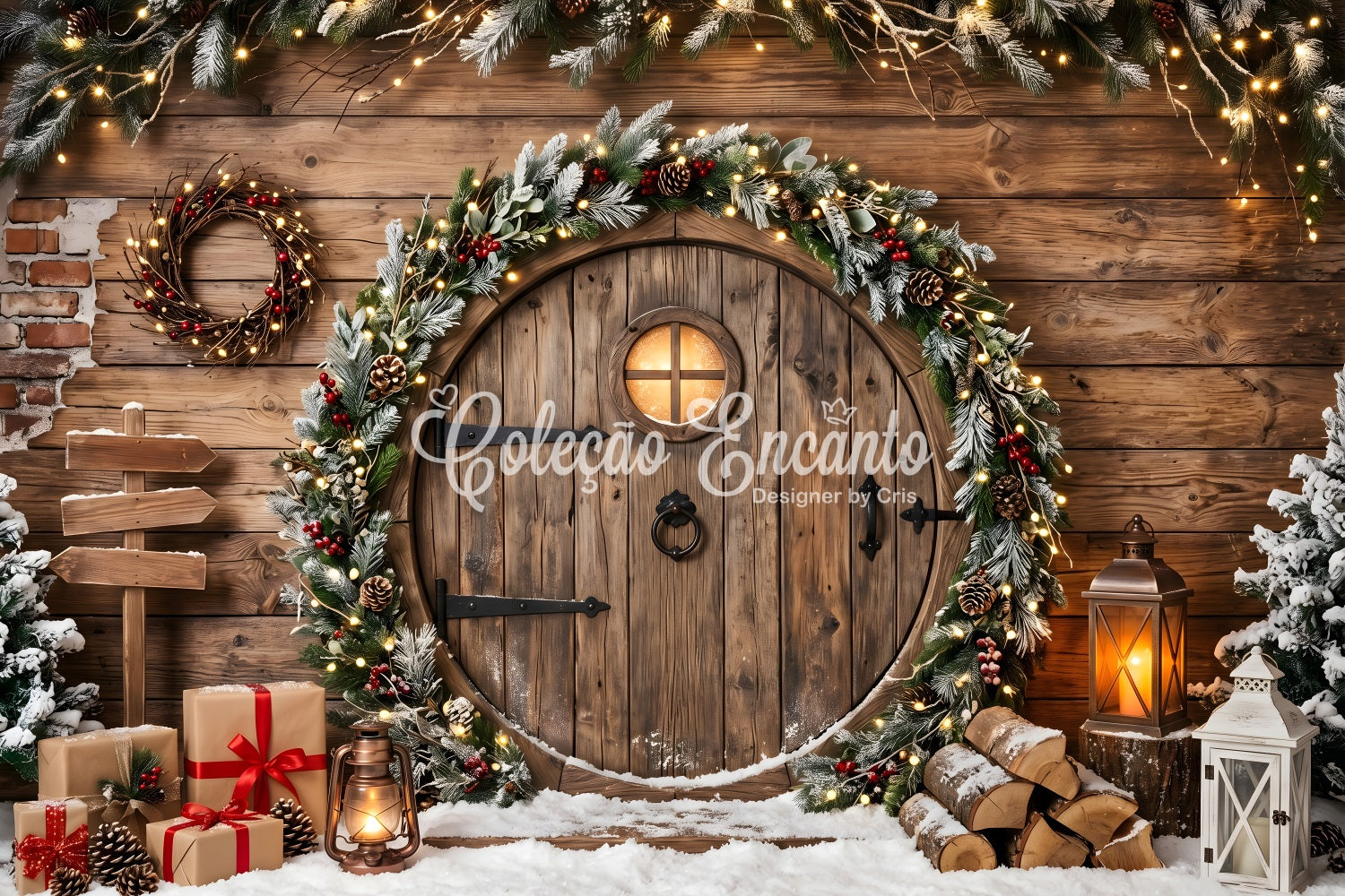 Snow Christmas Backdrop Rustic Round Door Garland Lanterns Christmas Photography Backdrops UK CEM65-164