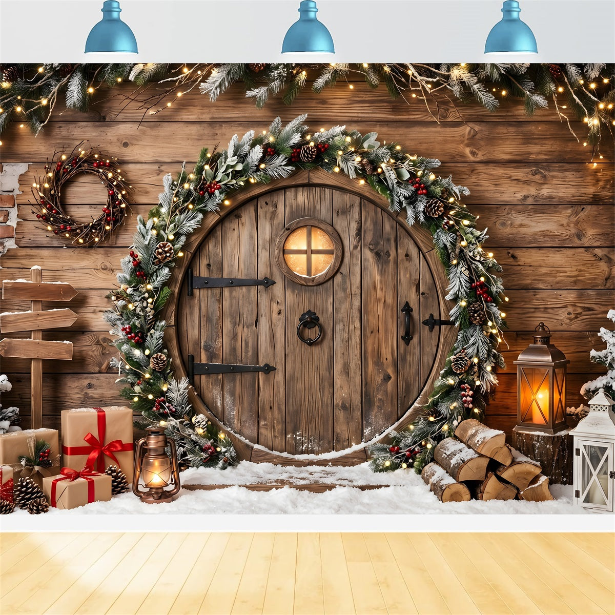 Snow Christmas Backdrop Rustic Round Door Garland Lanterns Christmas Photography Backdrops UK CEM65-164