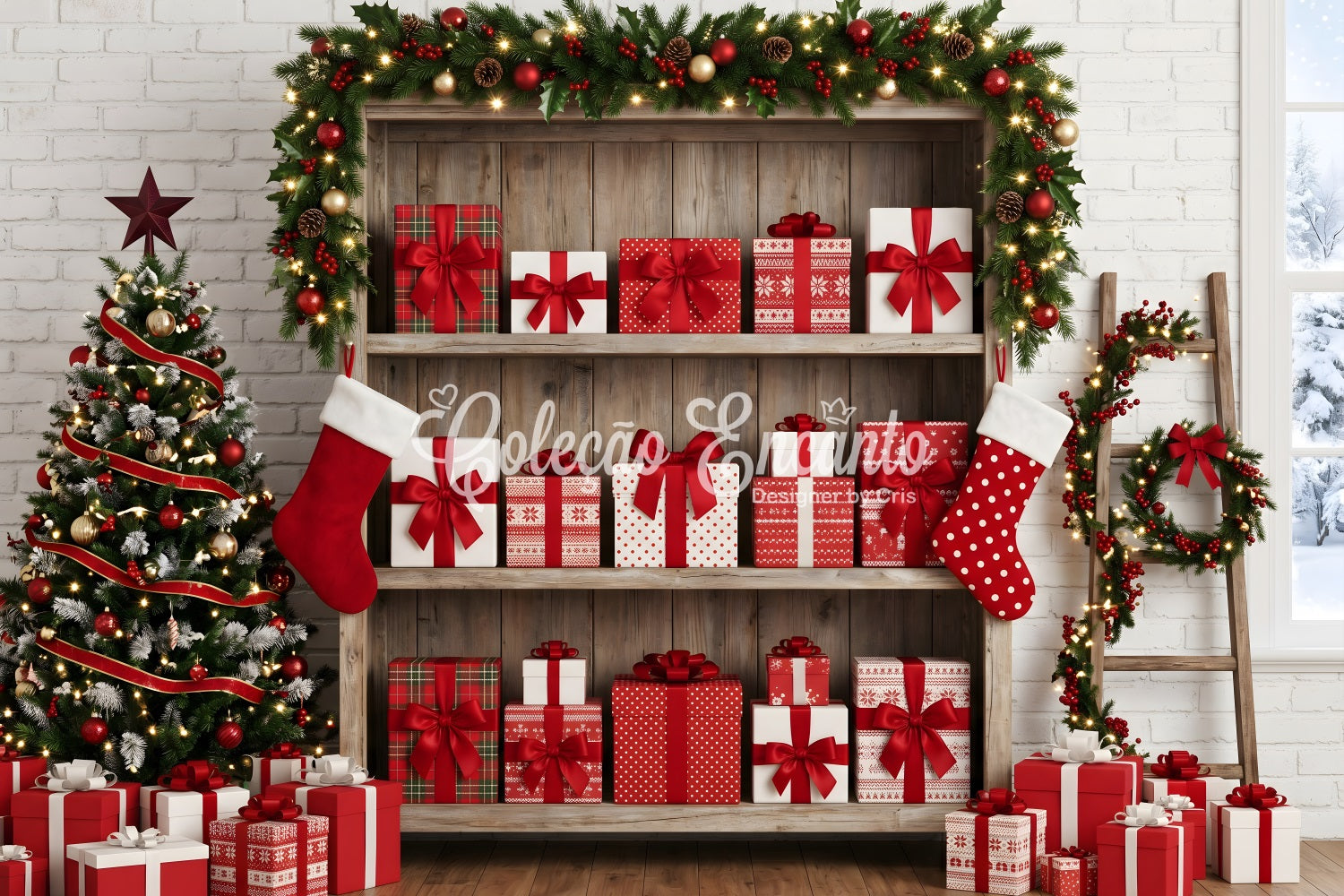Christmas Themed Backdrop Festive Gift Shelf Stocking Display Christmas Backdrop Photography UK CEM65-165