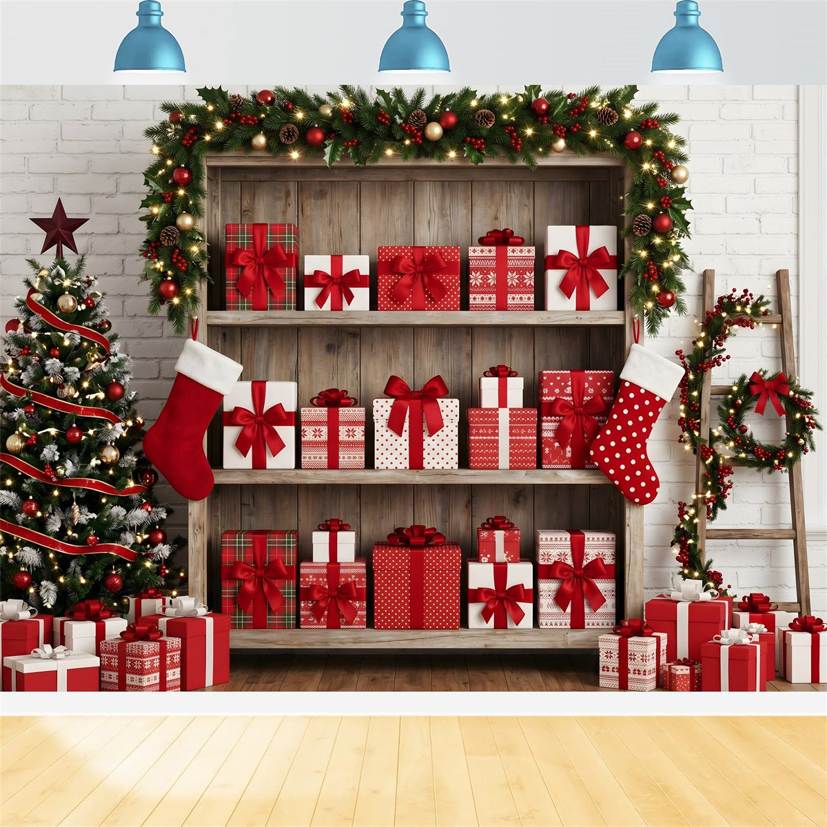 Christmas Themed Backdrop Festive Gift Shelf Stocking Display Christmas Backdrop Photography UK CEM65-165