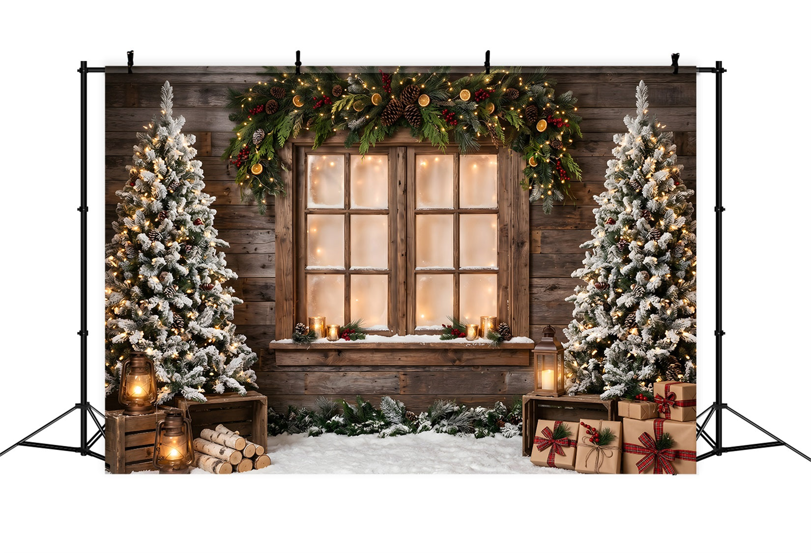 Christmas Trees Backdrop Rustic Window Garland Lantern Gifts Christmas Photo Booth Backdrop UK CEM65-168