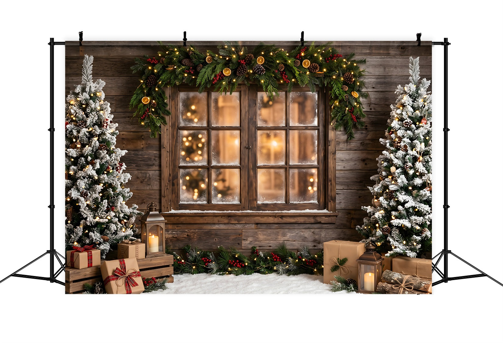 Winter Backdrop For Christmas Village Rustic Frosted Window Garland Trees Photo Backdrop Christmas UK CEM65-169