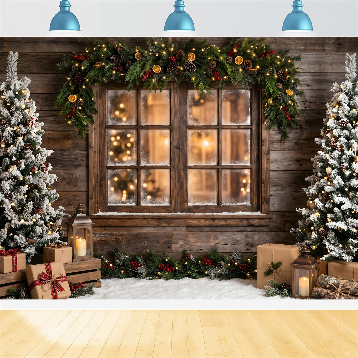 Winter Backdrop For Christmas Village Rustic Frosted Window Garland Trees Photo Backdrop Christmas UK CEM65-169
