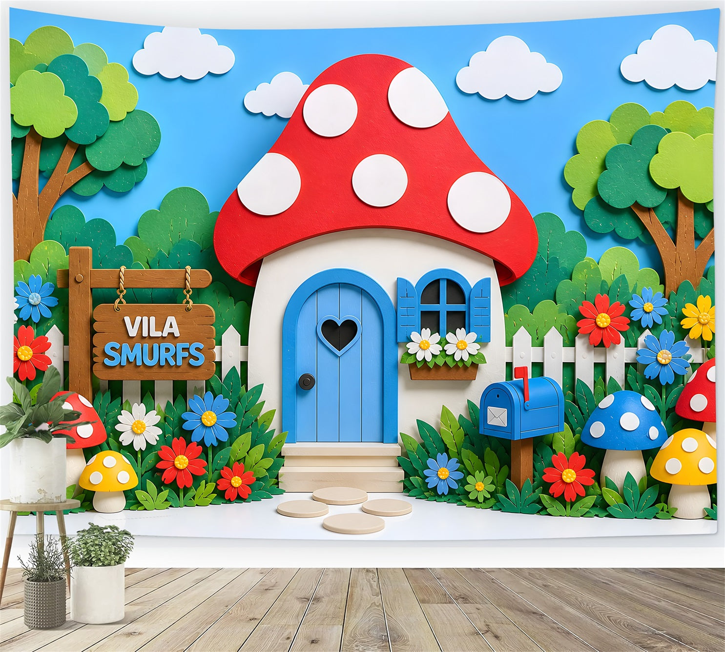 Kids Photoshoot Backdrop Mushroom Cottage Flower Garden Yard Newborn Backdrop Fabric UK CEM65-17
