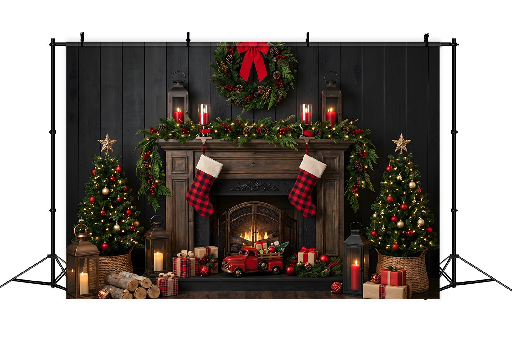 Christmas Backdrops Buffalo Plaid Fireplace Truck Stockings Christmas Backdrop Design UK CEM65-170