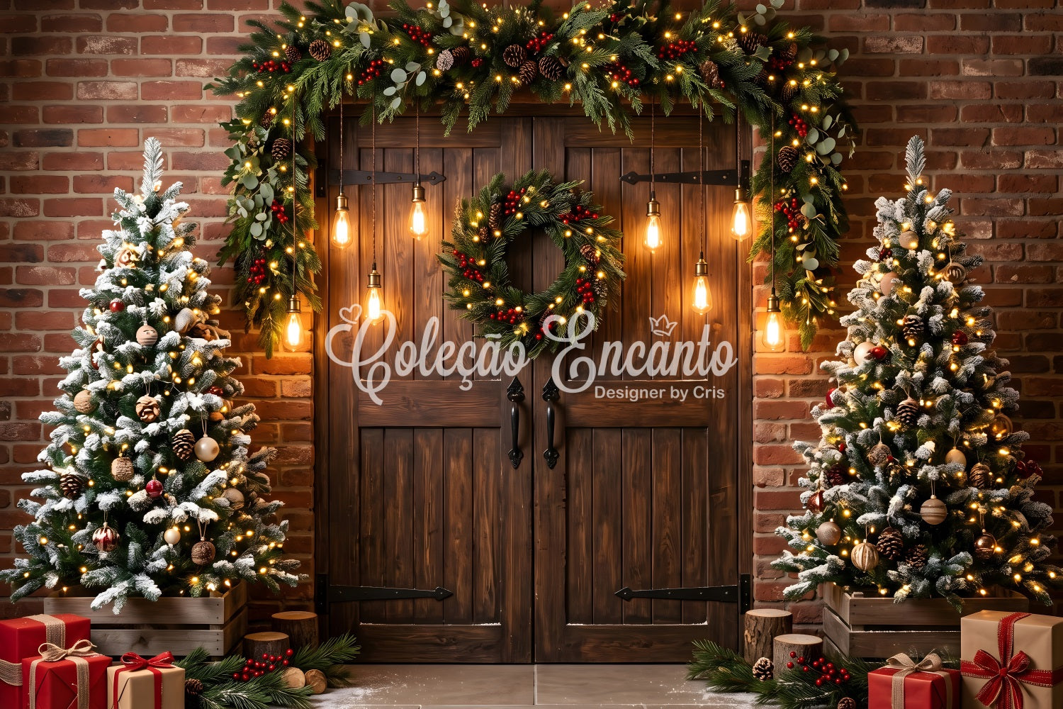 Christmas Light Backdrop Brick Barn Door Edison Lights Christmas Backdrop For Photography UK CEM65-172