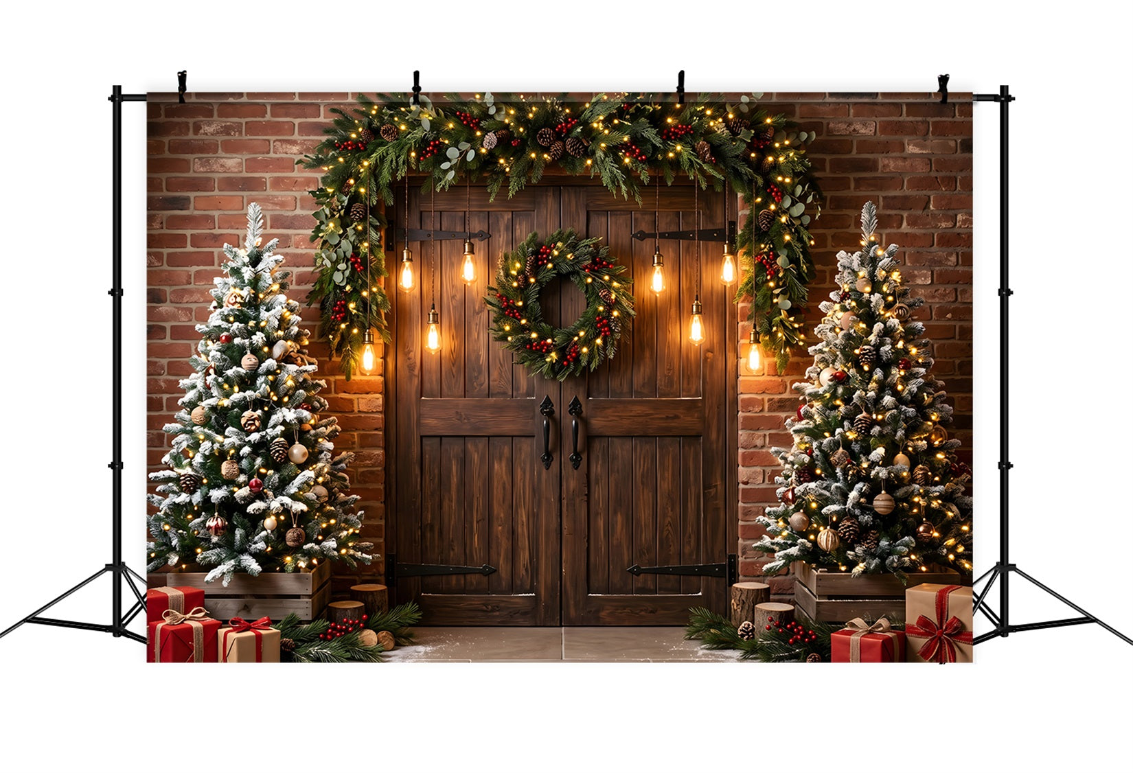 Christmas Light Backdrop Brick Barn Door Edison Lights Christmas Backdrop For Photography UK CEM65-172