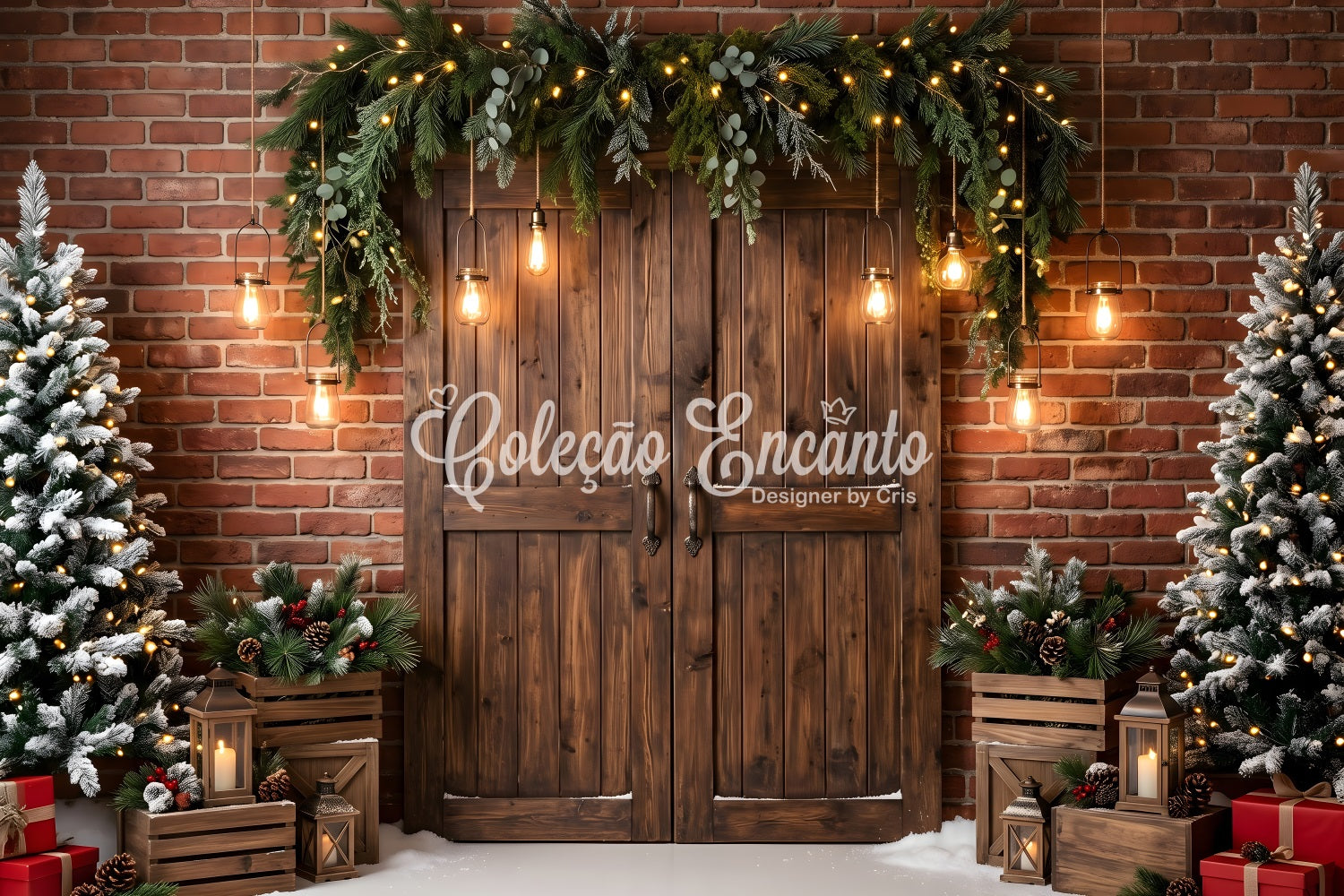 Christmas Theme Backdrops Brick Door Evergreen Hanging Lanterns Photography Christmas Backdrops UK CEM65-173