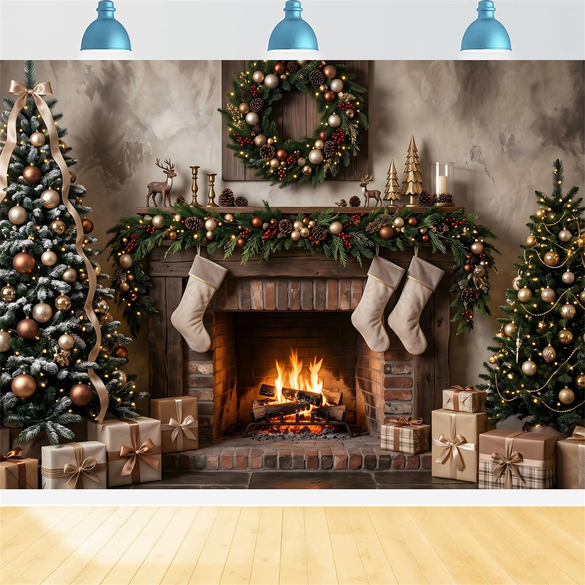 Fireplace Christmas Backdrop Neutral Fireplace Stockings Gold Trees Photo Booth Christmas Backdrop UK CEM65-176